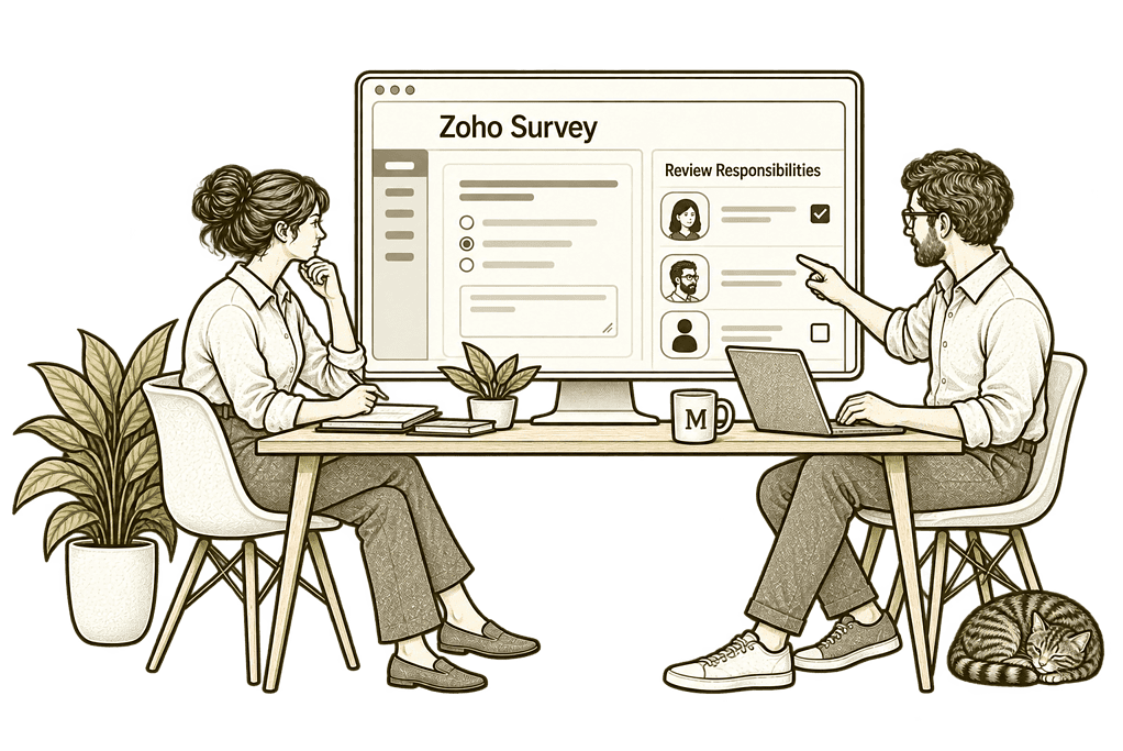Olive ink sketch illustrating improve your feedback process in Zoho Survey.