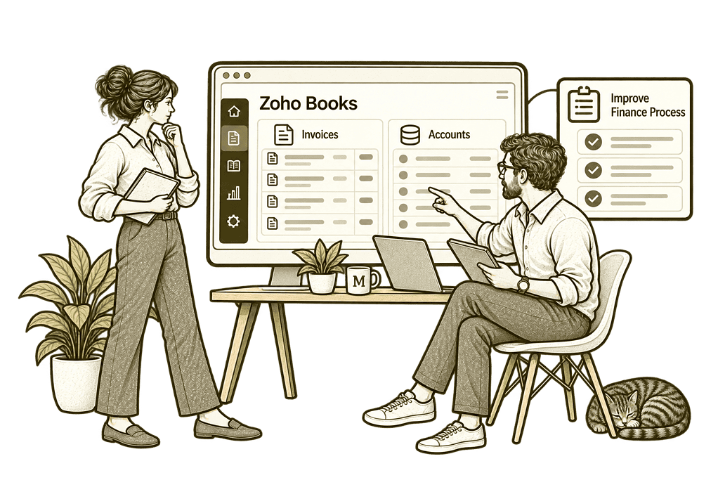 Olive ink sketch illustrating improve existing zoho books in Zoho Books.