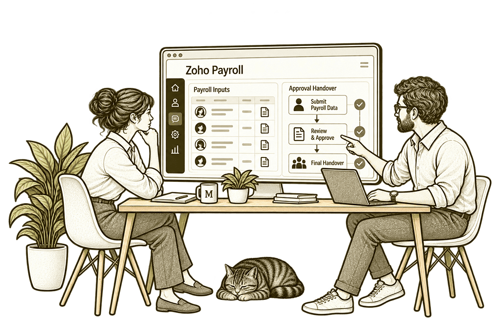 Mason & Co sketch illustrating review existing payroll processes in Zoho Payroll.