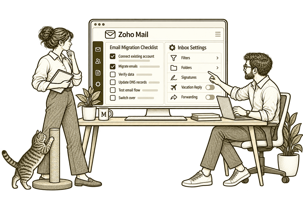 Mason & Co sketch illustrating migration & optimisation in Zoho Mail.
