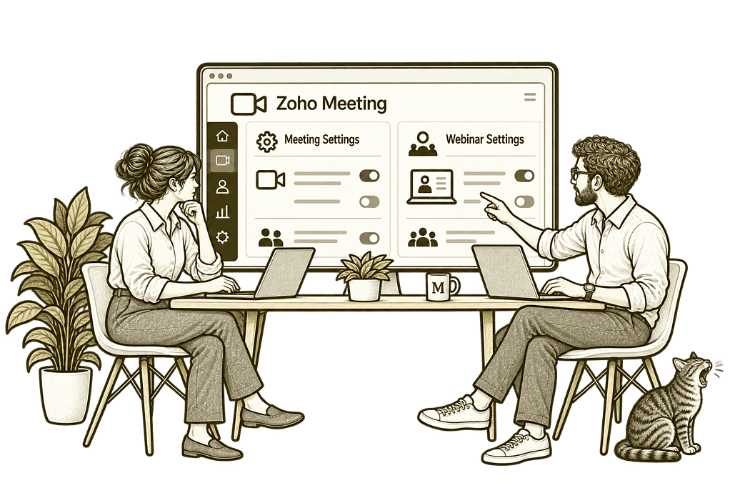 Mason & Co sketch illustrating improve meetings & webinars in Zoho Meeting.