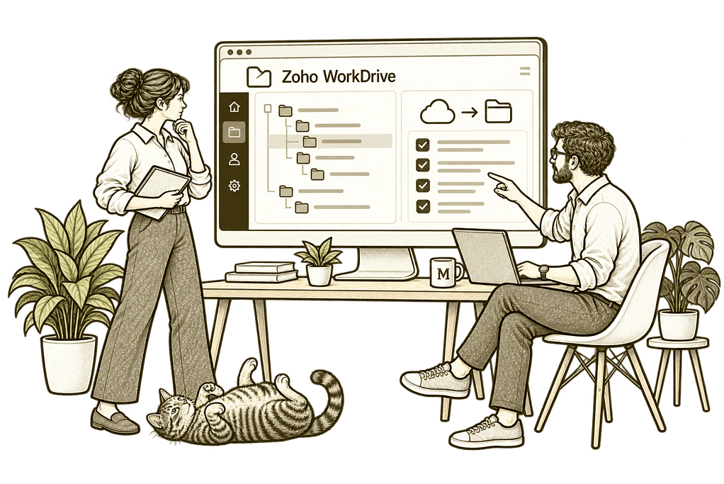 Mason & Co sketch illustrating data migration & optimisation in Zoho WorkDrive.