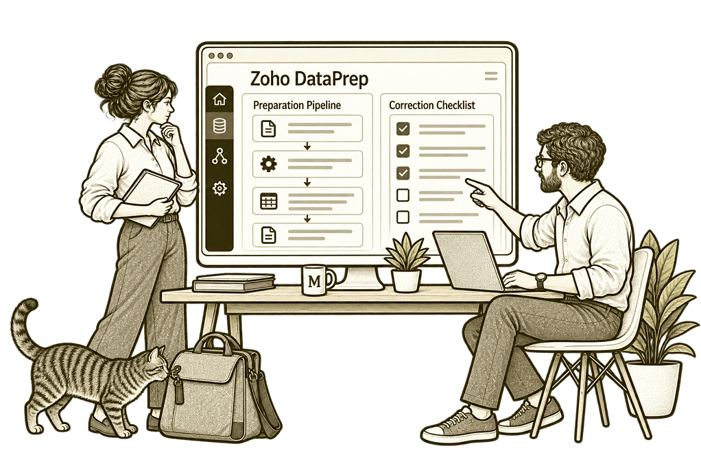 Mason & Co sketch illustrating fix and optimise existing dataprep in Zoho DataPrep.