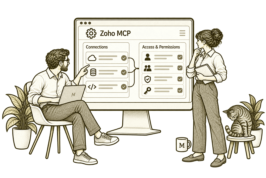 Mason & Co sketch illustrating review an existing mcp connection in Zoho MCP.