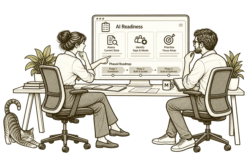 Mason & Co sketch illustrating assessment and practical roadmap for AI readiness and assessment.