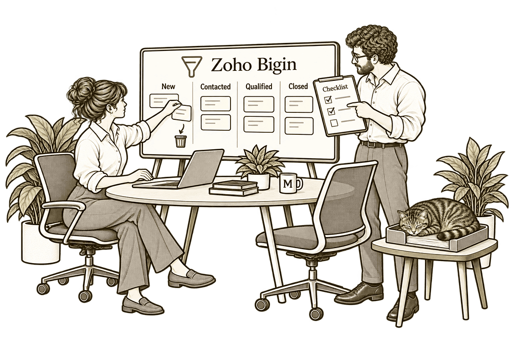 Pale cream and olive ink sketch of Improve Your Existing Bigin in Zoho Bigin.