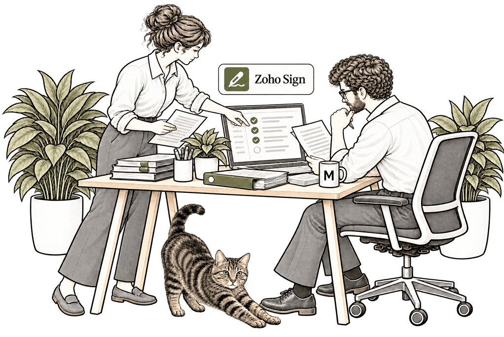 Colleagues simplifying a Zoho Sign workflow while Kiwi stretches beneath the desk.