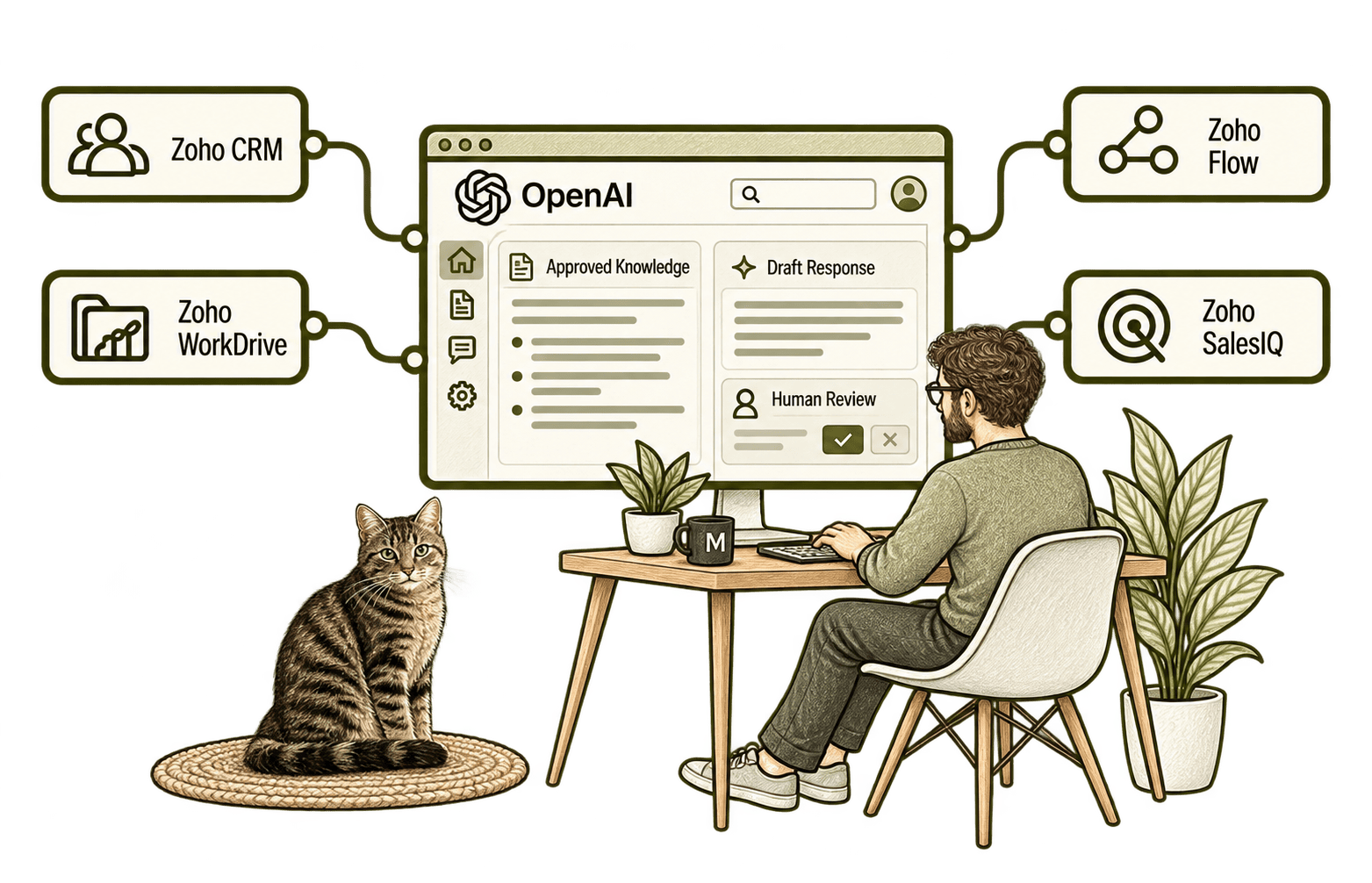 OpenAI connected with Zoho CRM, WorkDrive, Flow and SalesIQ, with approved knowledge and human review.