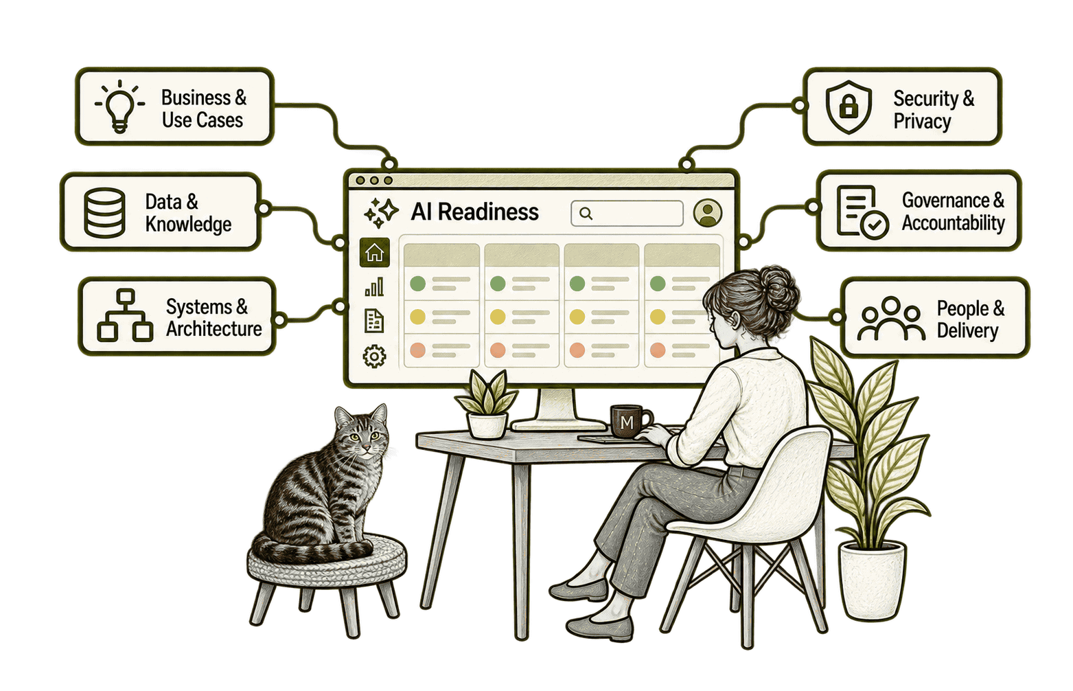 AI readiness framework connecting business use cases, data, systems, security, governance and people.