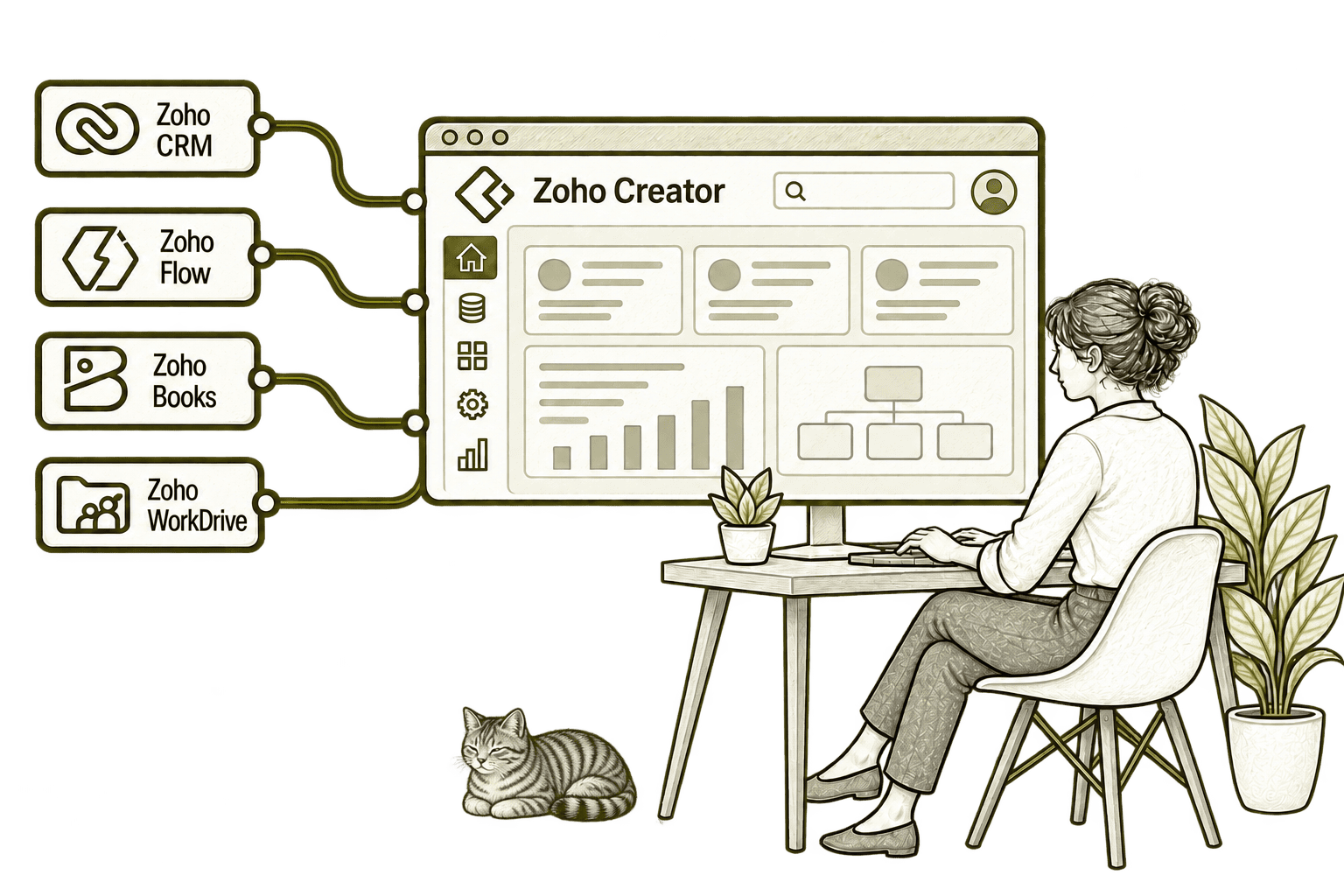 Zoho Creator connected applications with a small, softly shaded olive-grey Kiwi tabby in the background