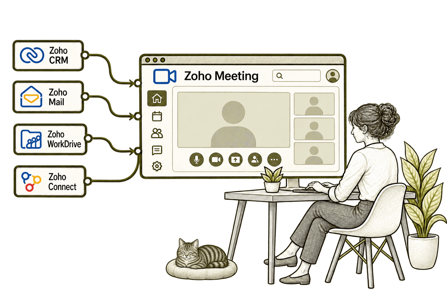 Zoho Meeting connected applications in a transparent olive-grey pencil sketch, with small, softly shaded tabby Kiwi in the background.