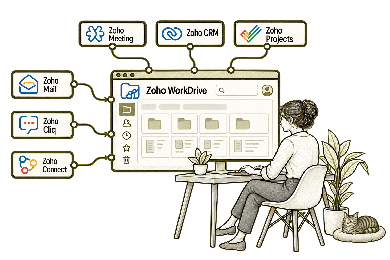 Zoho WorkDrive connected applications in a transparent olive-grey pencil sketch, with small, softly shaded tabby Kiwi in the background.