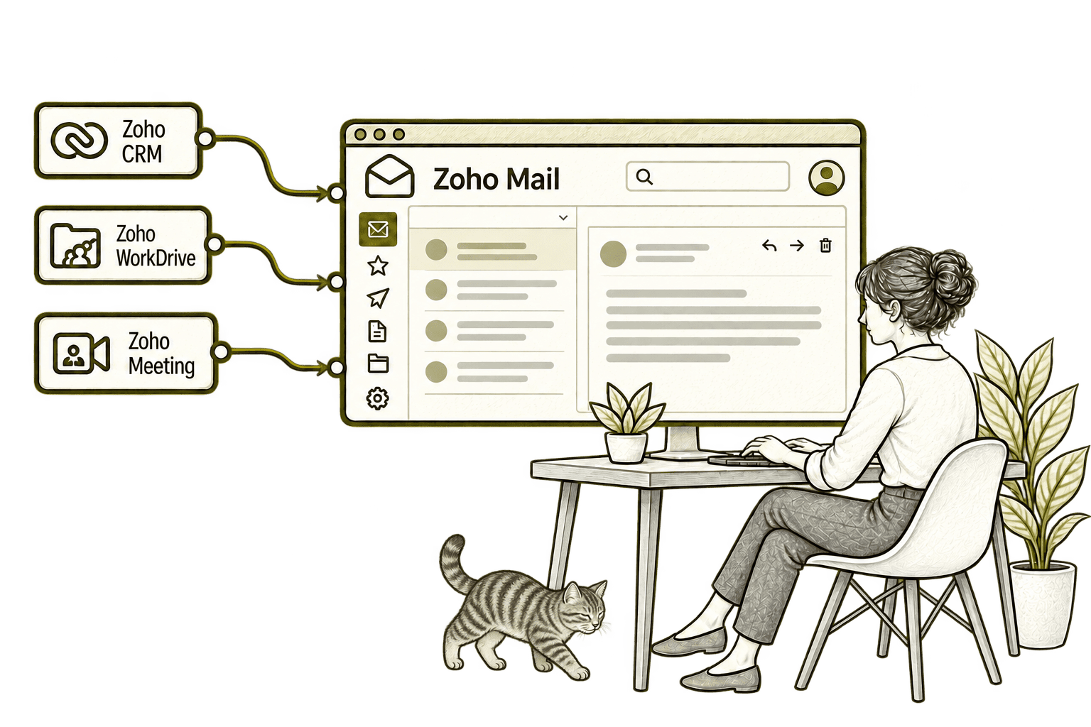 Zoho Mail connected applications in a transparent olive-grey pencil sketch, with small, softly shaded tabby Kiwi in the background.