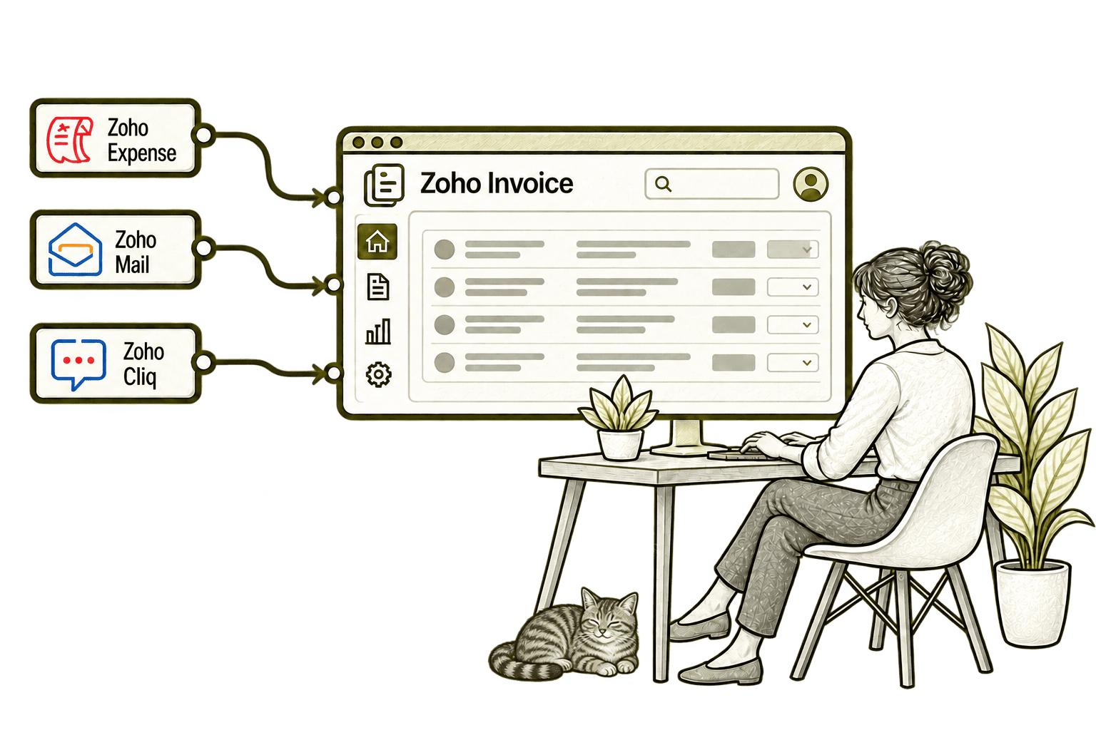 Zoho Invoice connected applications in a transparent olive-grey pencil sketch, with small, softly shaded tabby Kiwi in the background.