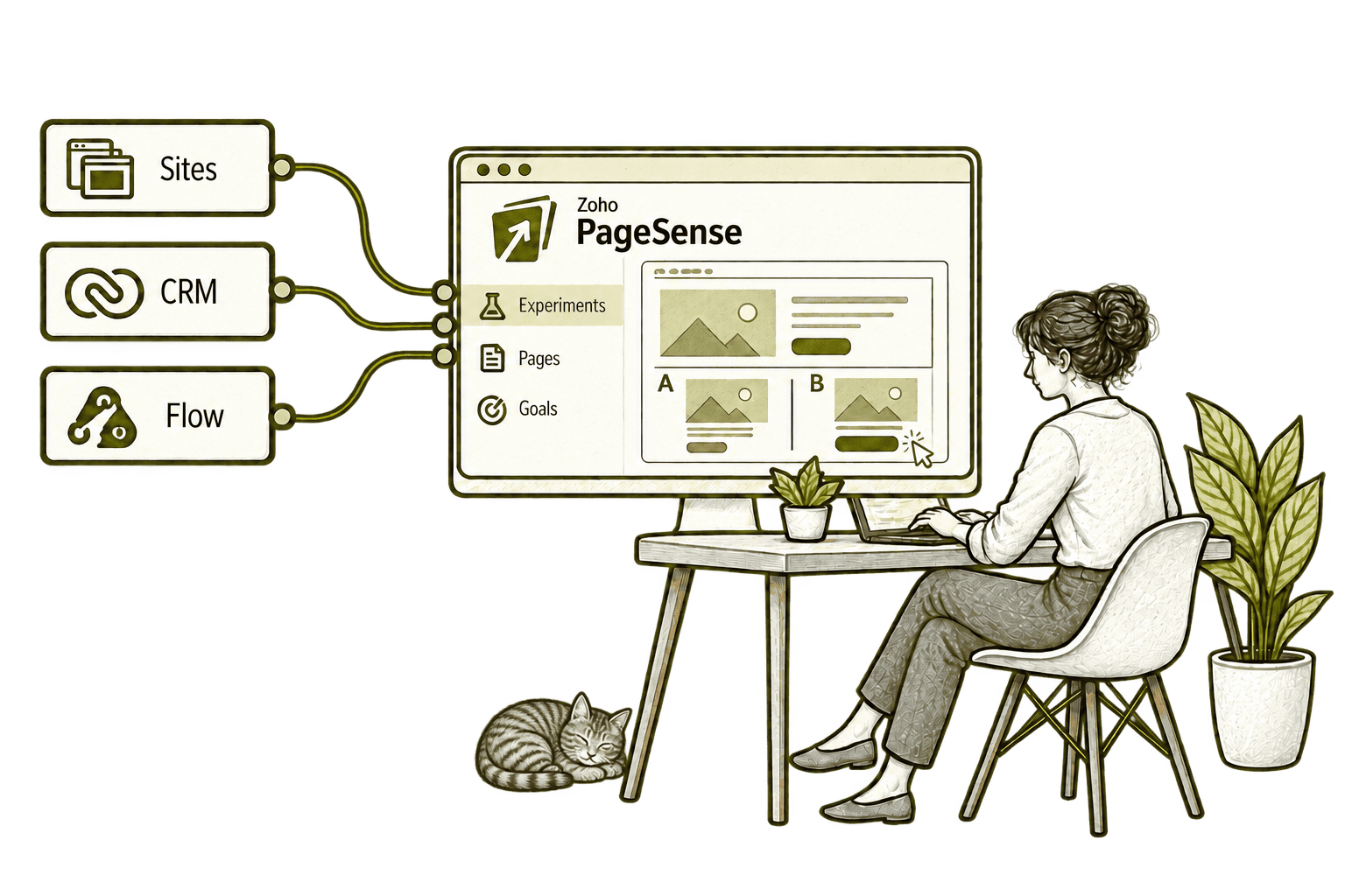 Zoho PageSense connected applications in a transparent olive-grey pencil sketch, with small, softly shaded tabby Kiwi in the background.