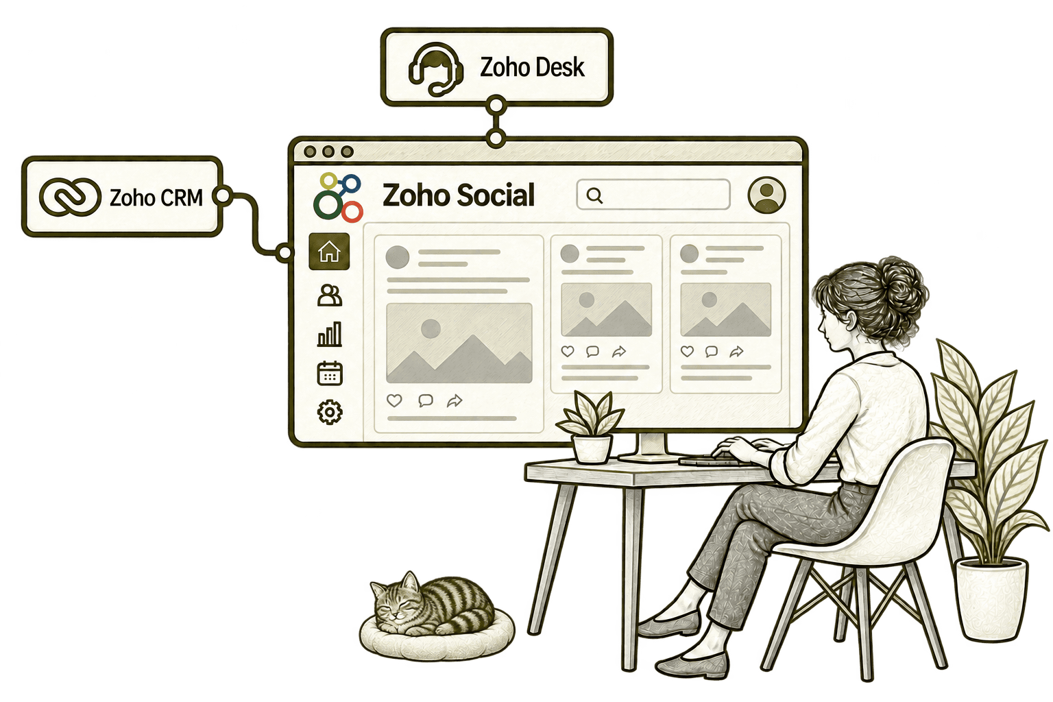 Zoho Social connected to CRM and Desk, with Kiwi resting subtly beside the desk in a muted olive-grey pencil sketch.